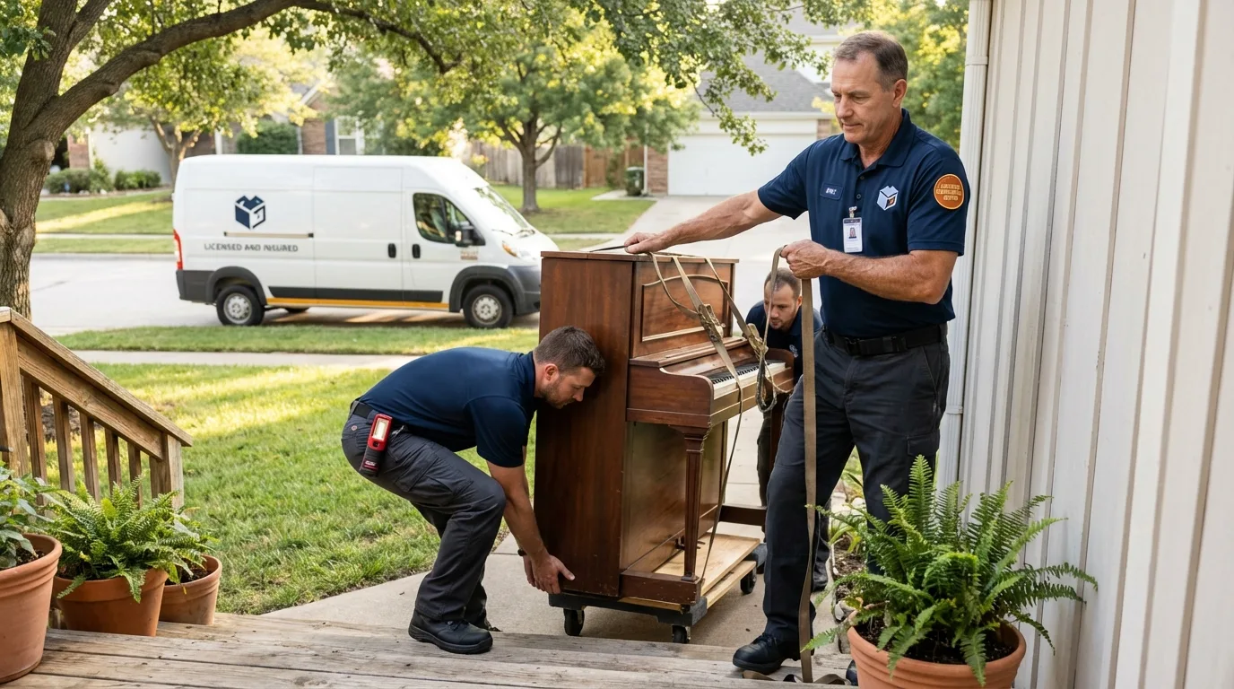 Licensed piano movers securing grand piano in Lake Geneva, WI