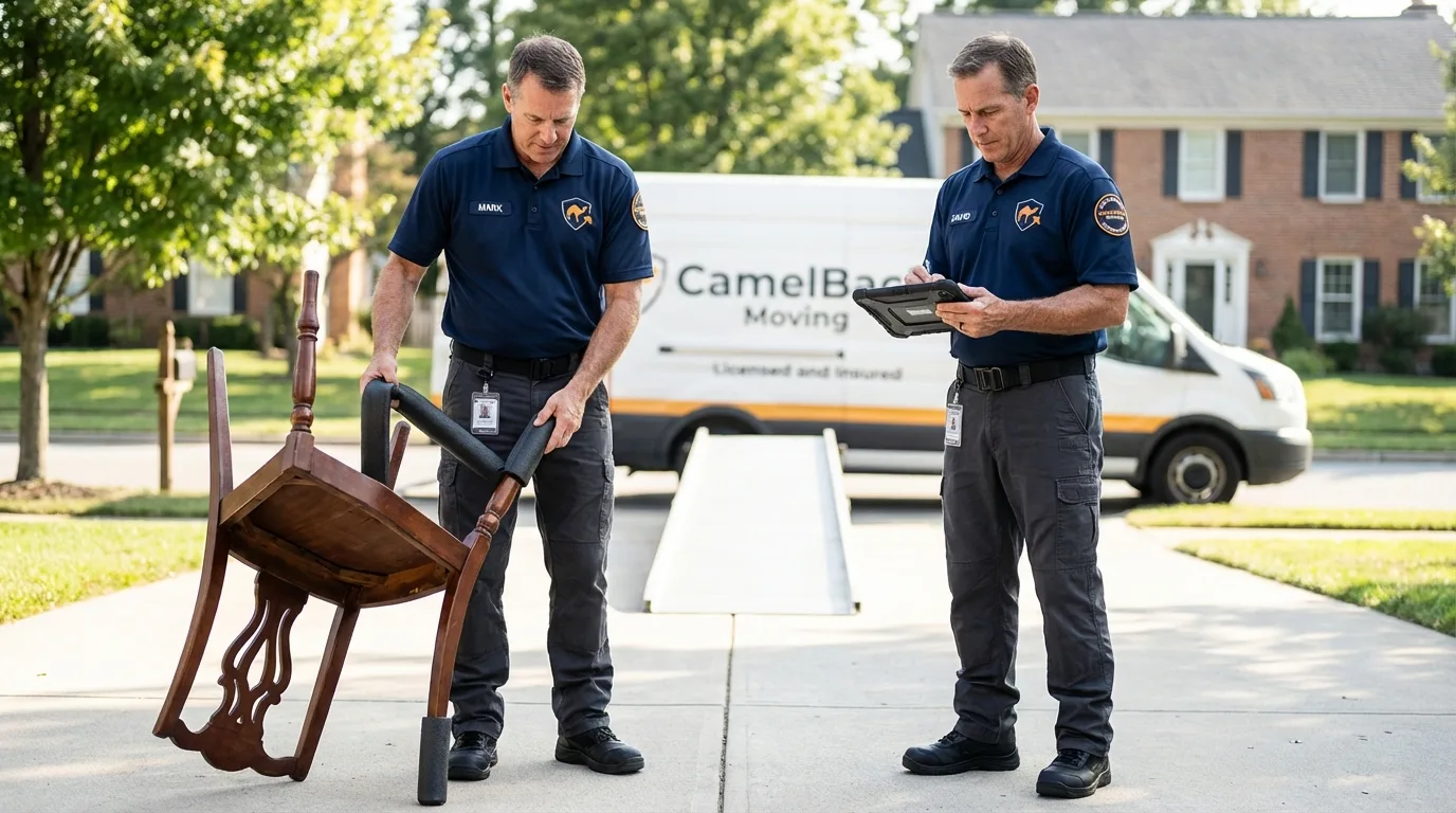 Movers inspecting furniture for damage prevention before loading in Lake Geneva, WI