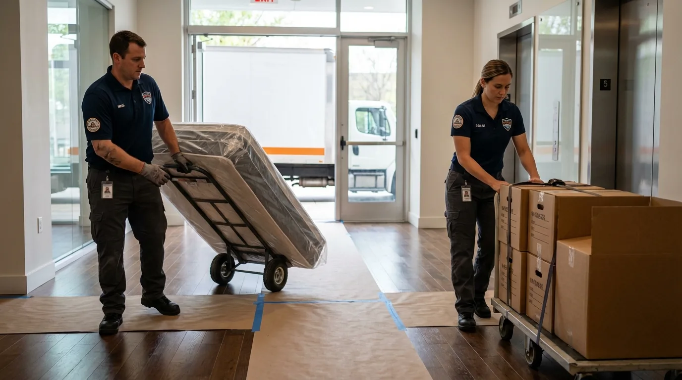 Professional apartment movers loading elevator in Lake Geneva, WI