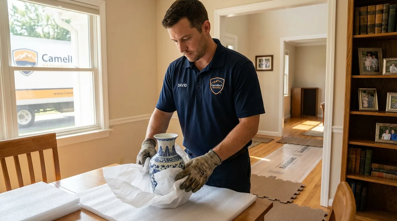 Professional crew carefully wrapping antique vase for senior downsizing move in Lake Geneva, WI