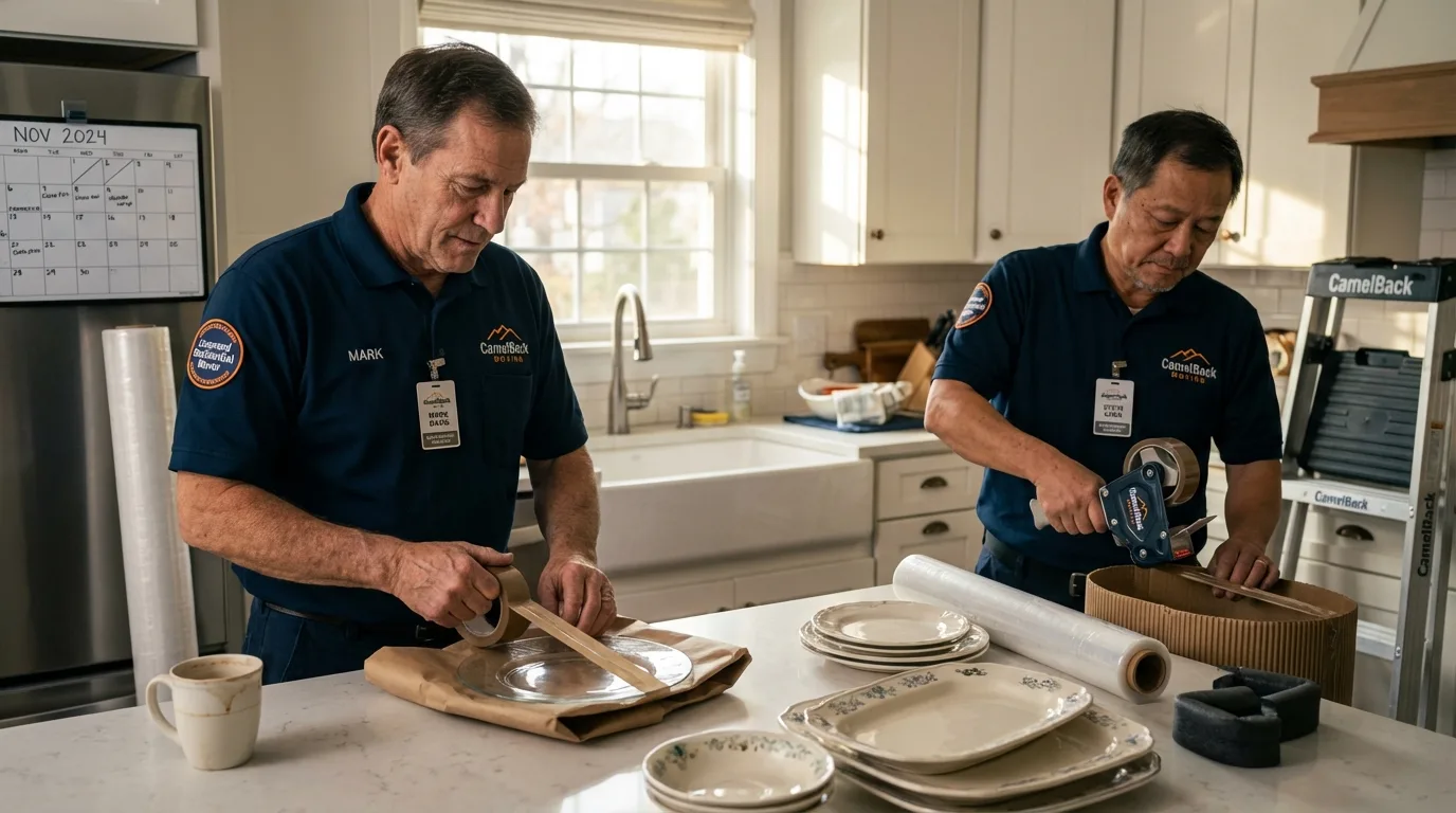 Professional crew packing kitchen dishware in Lake Geneva, WI
